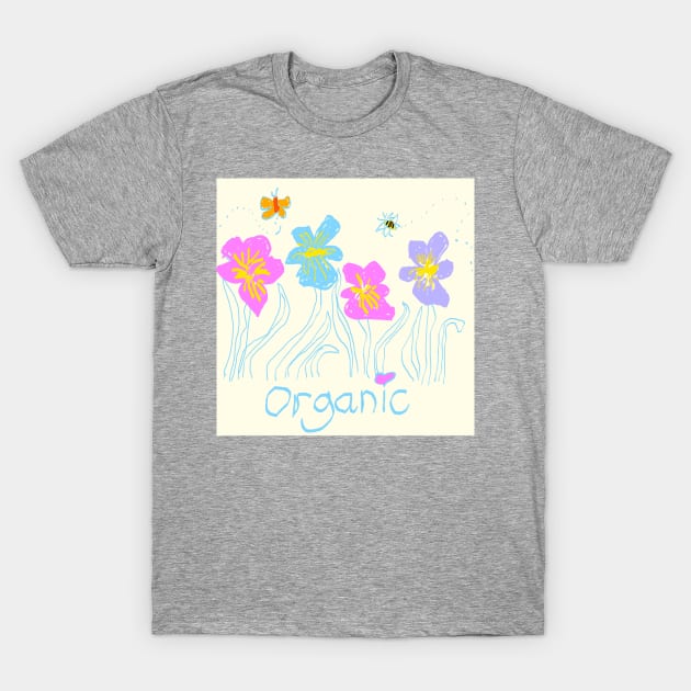 Organic Iris Flowers in the Garden with Bee Pattern T-Shirt by SarahRajkotwala